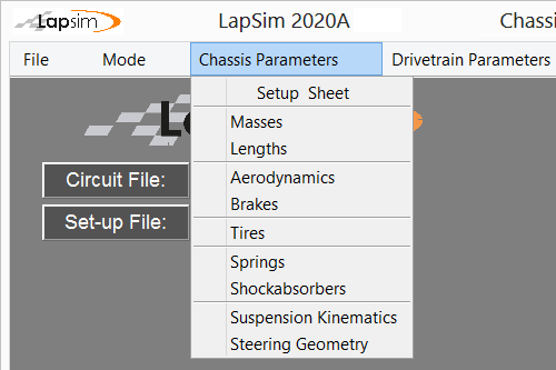 Screenshot of the LapSim GUI showing a the several chassis menus