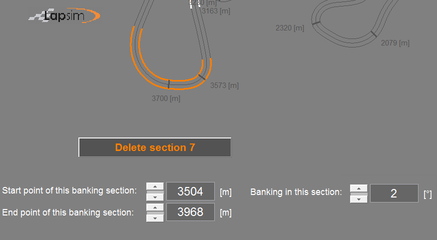 Screenshot of the LapSim GUI, showing a selected corner of the zoomed in track