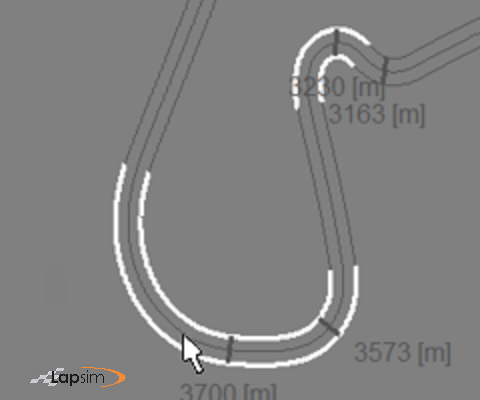Screenshot of the LapSim GUI, showing the track with two grip areas, whereas the mouse is clicked in one of them