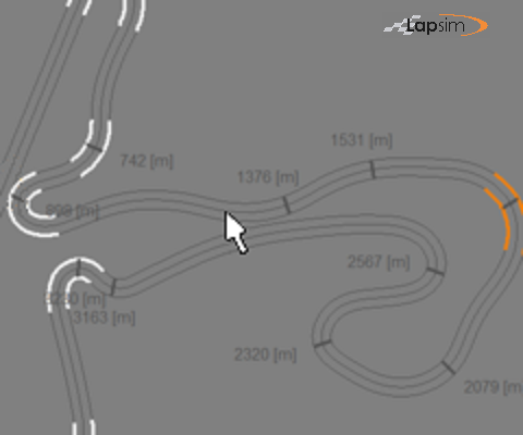 Screenshot of the LapSim GUI, showing part of the track with the starting point of a new grip area