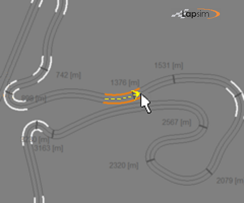 Screenshot of the LapSim GUI, showing the new area being created by pulling the mouse along the track