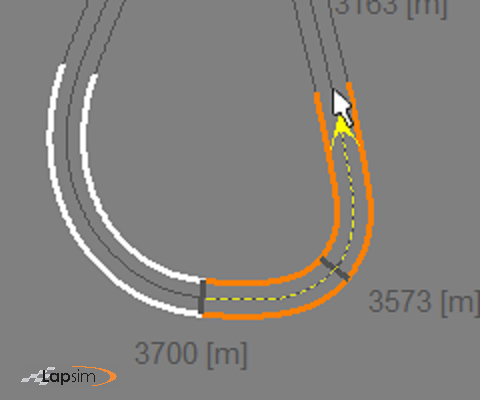 Screenshot of the LapSim GUI, showing the mouse being moved past the start point of the area