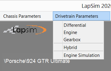 LapSim Figure drivetrain menu to select
