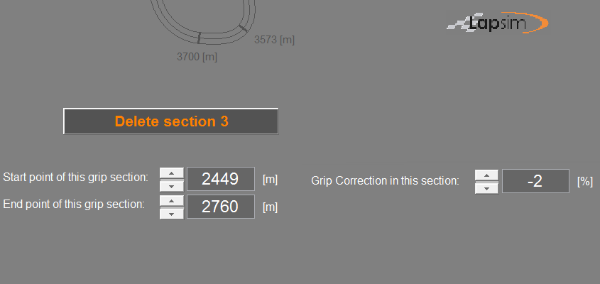 Screenshot of the LapSim GUI, showing a selected corner of the zoomed in track
