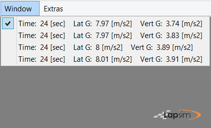 Printscreen of the LapSim GUI showing an overview of the dynamic simulation results which can be selected
